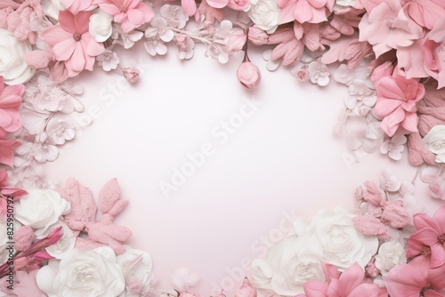  A peaceful Mother's Day vignette with a blank frame surrounded by soft pink carnations and baby's breath, set on a rustic wooden table, creating a serene and tender mood in HD clarity.