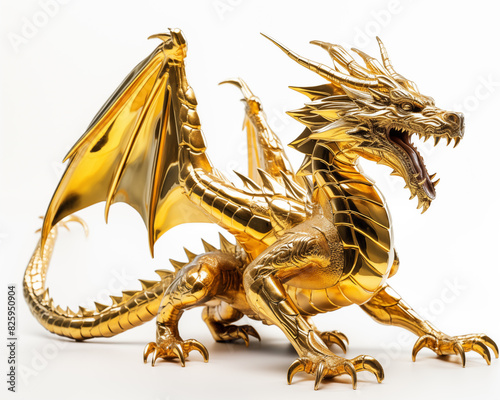 Majestic golden dragon statue isolated on a white background. 3D rendered image with intricate details and realistic scales. Perfect for fantasy  mythology  or medieval concepts.