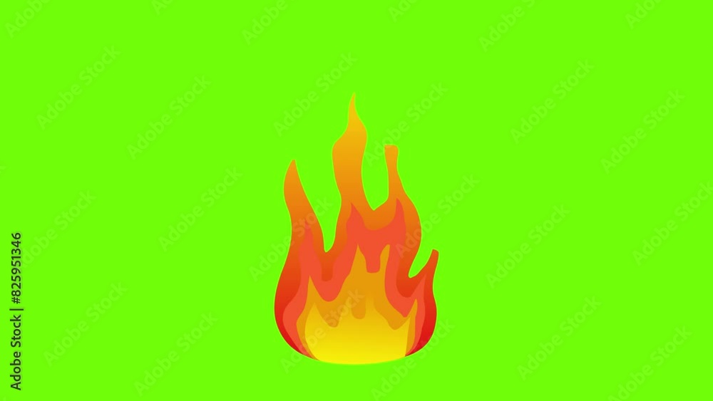 Fire animation, cartoon comic fire icon animated 4k video on green screen background