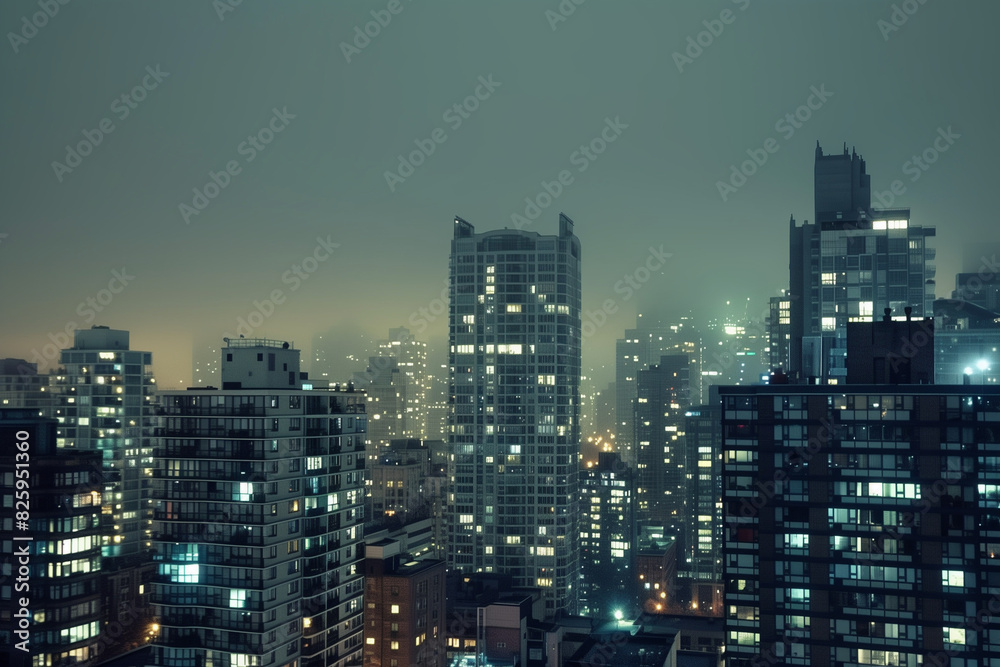 City Skyline at Night: Aerial View of Illuminated Skyscrapers City Skyline at Night: Aerial View of Illuminated Skyscrapers