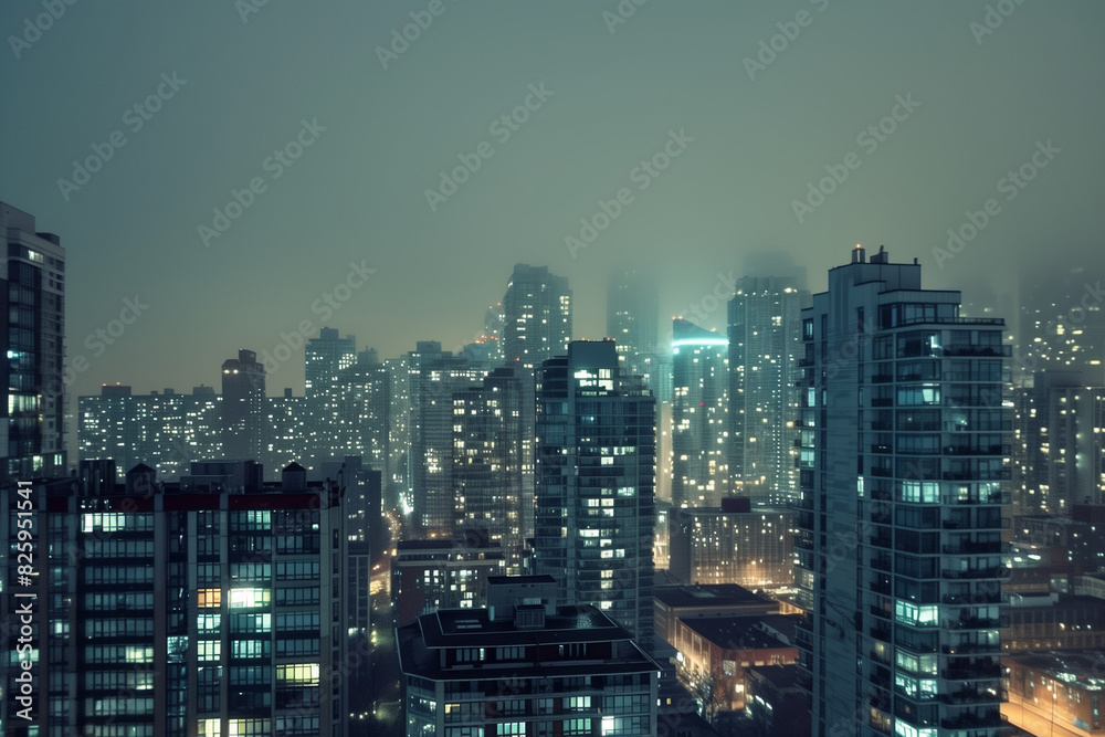 Obraz premium City Skyline at Night: Aerial View of Illuminated Skyscrapers