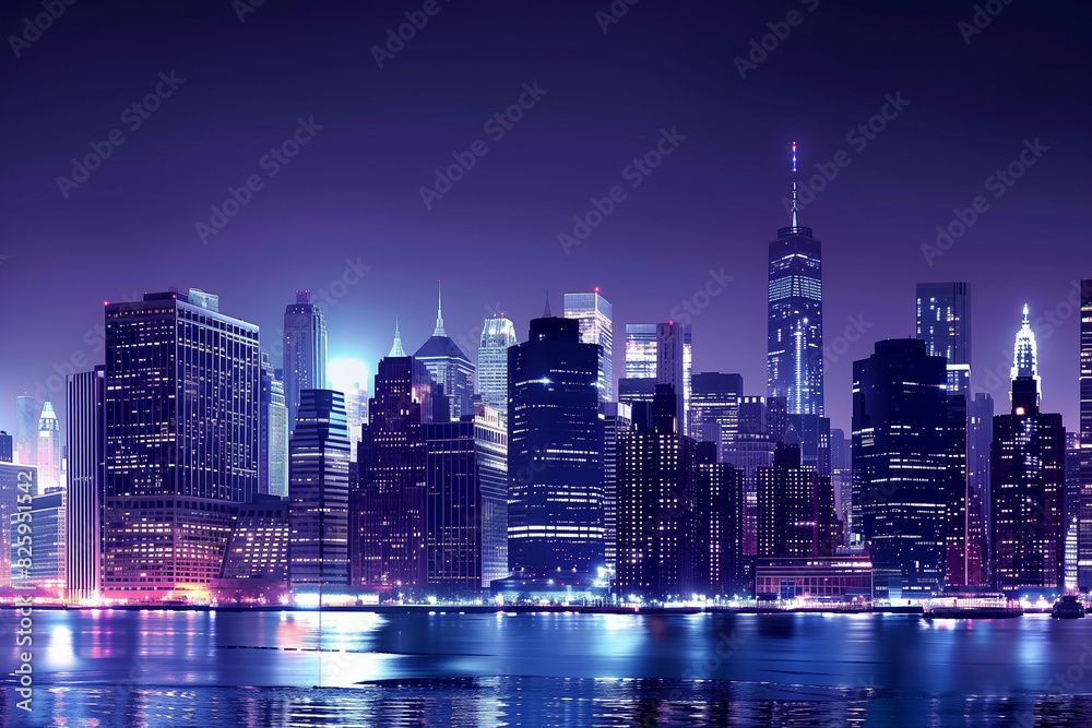 City Skyline at Night: Aerial View of Illuminated Skyscrapers City Skyline at Night: Aerial View of Illuminated Skyscrapers