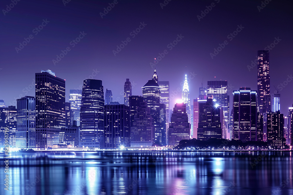 Fototapeta premium City Skyline at Night: Aerial View of Illuminated Skyscrapers