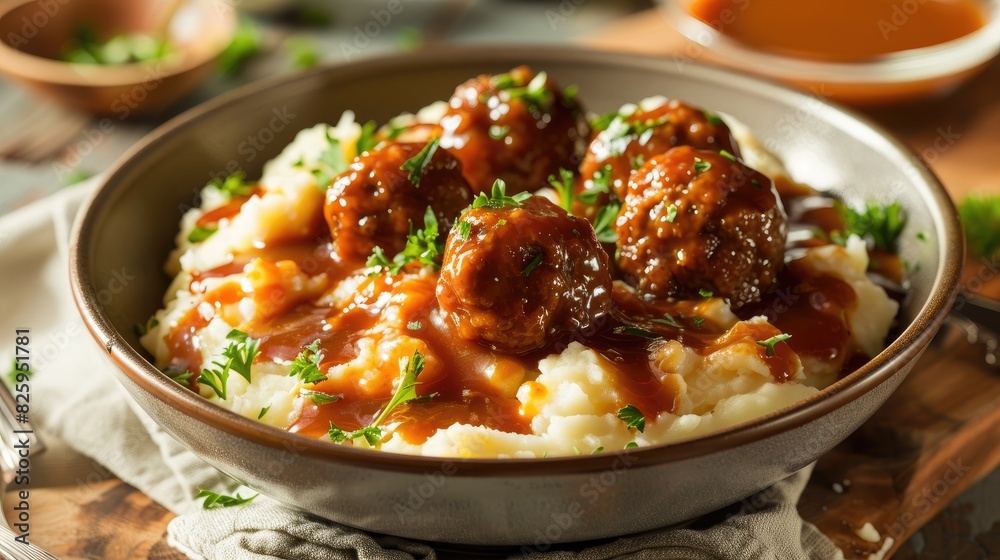 Mashed potatoes with meatball and gravy Mashed potatoes with meatball and gravy