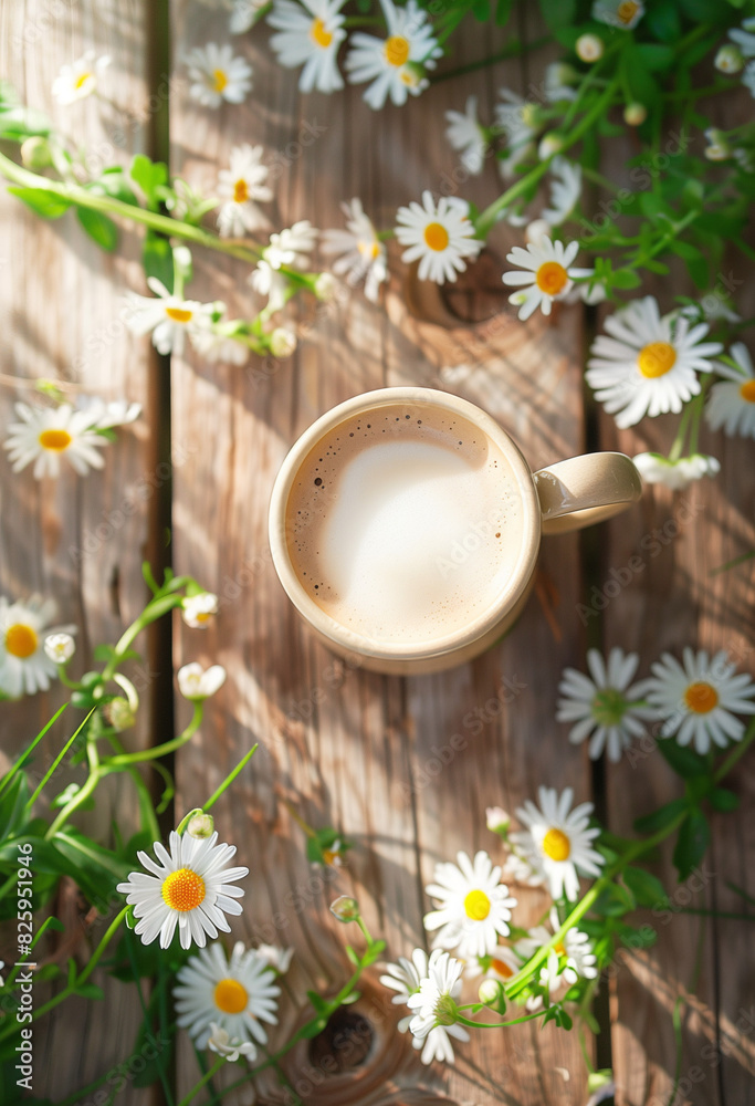 A cup of coffee with milk on an old wooden table, surrounded by white flowers and green grass in the garden A cup of coffee with milk on an old wooden table, surrounded by white flowers and green grass in the garden