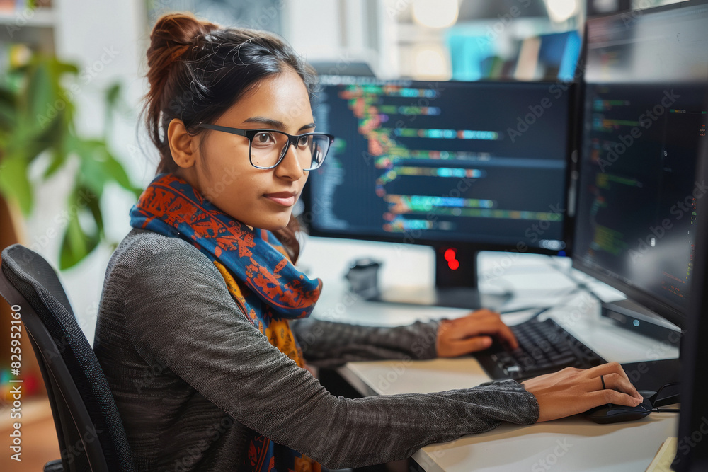 Indian woman programmer writing code on a computer Indian woman programmer writing code on a computer