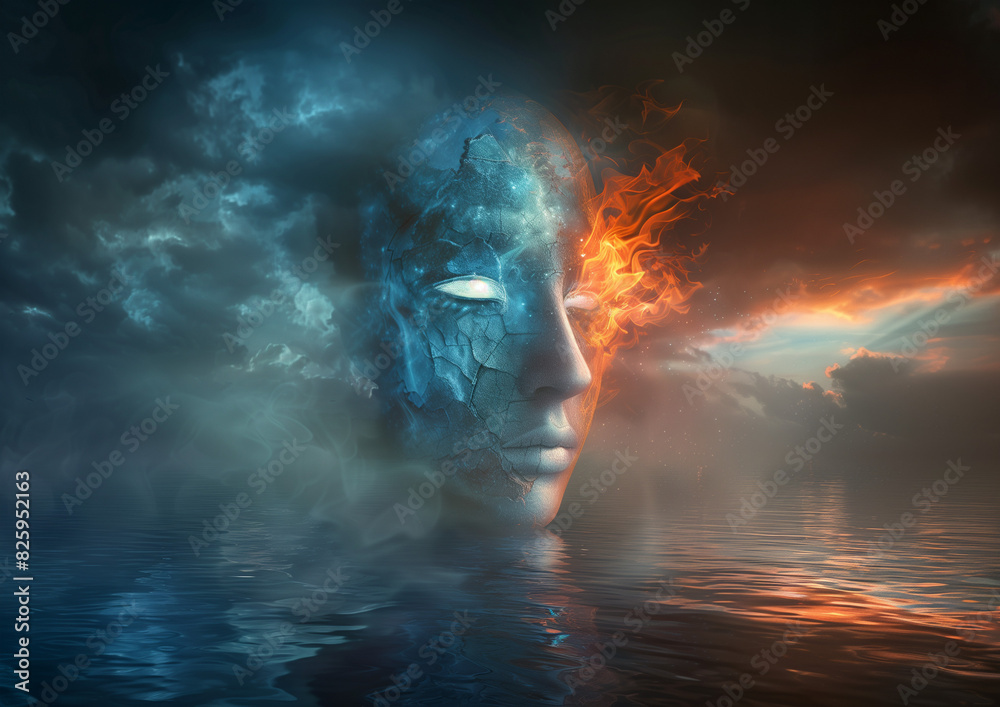 A face of ice and fire, half is ice with blue hues, while the other side is flame, set against an ethereal background with dark clouds and water reflections.