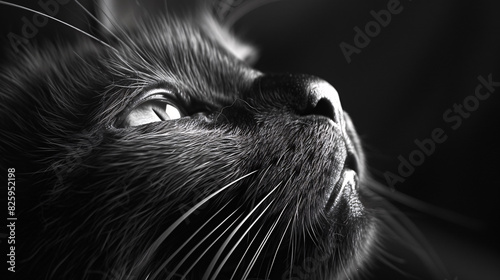 A close up shot of a black cat starring at something photo