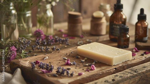 A beautifully arranged display of natural products on a wooden tray  featuring a bar of pure white organic soap surrounded by fresh lavender sprigs  dried rose petals  and small glass bottles of