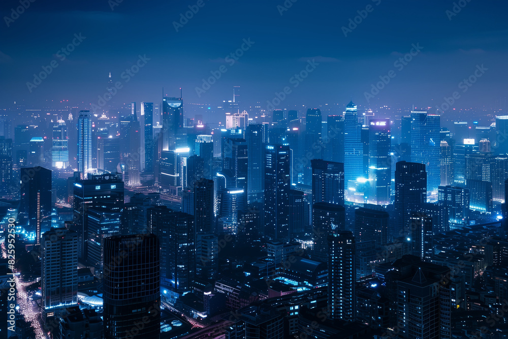 City Skyline at Night: Aerial View of Illuminated Skyscrapers City Skyline at Night: Aerial View of Illuminated Skyscrapers