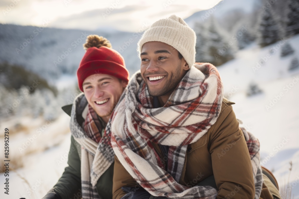 Portrait young gay couple bundles up in cozy scarves and hats as they take a romantic sleigh ride through a winter wonderland, reveling in the magic of Christmas together Portrait young gay couple bundles up in cozy scarves and hats as they take a romantic sleigh ride through a winter wonderland, reveling in the magic of Christmas together
