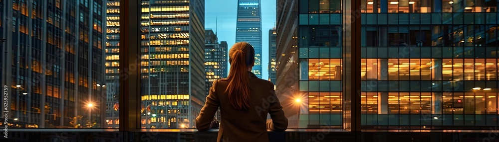 Businesswoman admiring cityscape through window during sunset, surrounded by skyscrapers, city lights illuminating the urban environment. Businesswoman admiring cityscape through window during sunset, surrounded by skyscrapers, city lights illuminating the urban environment.