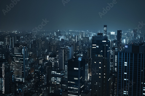 City Skyline at Night  Aerial View of Illuminated Skyscrapers