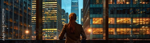 Businesswoman admiring cityscape through window during sunset, surrounded by skyscrapers, city lights illuminating the urban environment.