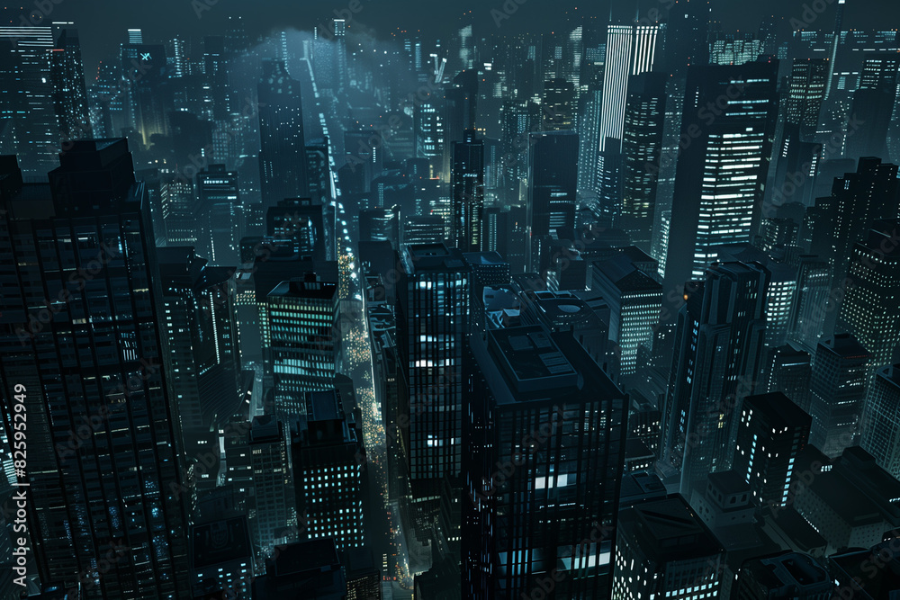 Obraz premium City Skyline at Night: Aerial View of Illuminated Skyscrapers