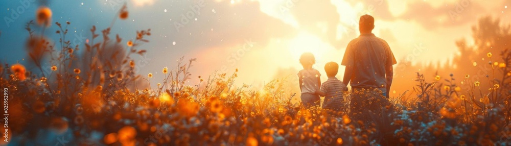 The photo shows a father and his two children walking in a field of flowers The photo shows a father and his two children walking in a field of flowers