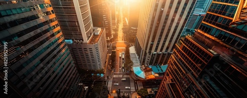 Aerial view of a modern city street with skyscrapers as the sun sets, casting a warm glow over the urban landscape. photo