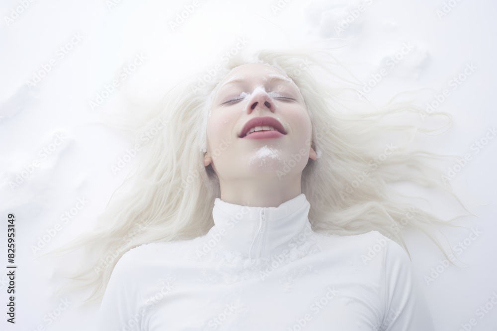 Shot portrait albino woman joyfully plays in the snow, making snow angels and throwing snowballs Shot portrait albino woman joyfully plays in the snow, making snow angels and throwing snowballs