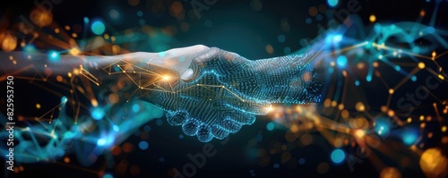 Digital handshake with abstract network connections symbolizing futuristic technology and cooperation in a connected world.