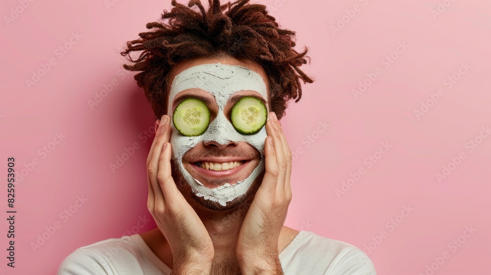 A man is shown with cucumber slices on his face, possibly enjoying a DIY skincare routine or spa treatment A man is shown with cucumber slices on his face, possibly enjoying a DIY skincare routine or spa treatment