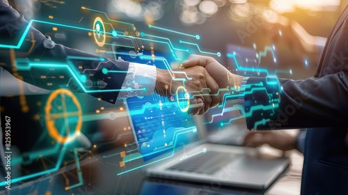 Two business professionals shaking hands over a digital tech interface, symbolizing partnership and technological collaboration.