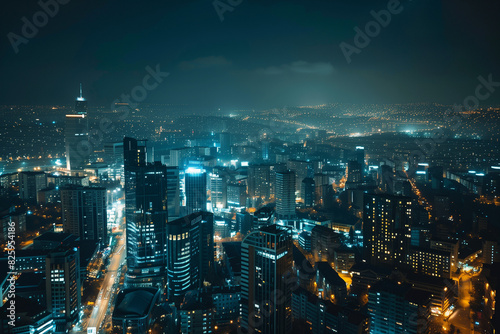 City Skyline at Night: Aerial View of Illuminated Skyscrapers