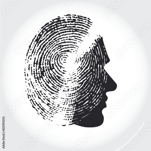 Black silhouette of man head with fingerprint pattern and outline silhouette grunge background