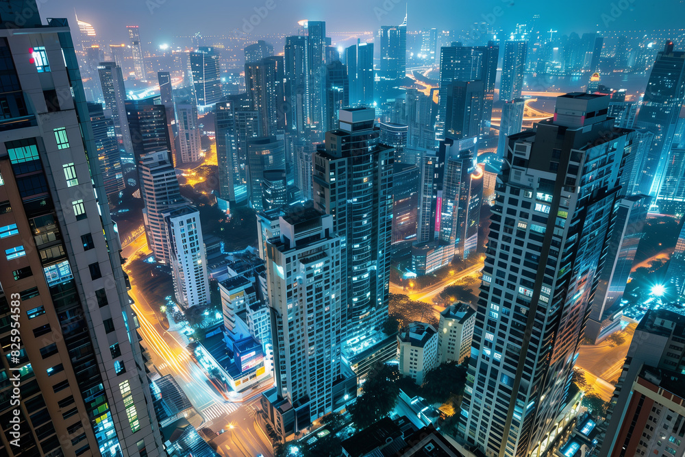 Fototapeta City Skyline at Night: Aerial View of Illuminated Skyscrapers