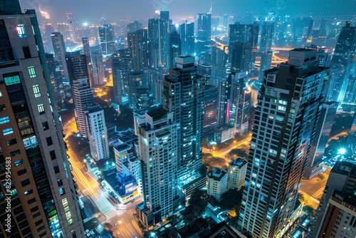 City Skyline at Night  Aerial View of Illuminated Skyscrapers