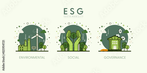 ESG concept, Environmental, Social and Governance. Green city background. Flat minimal style. Vector Illustration.