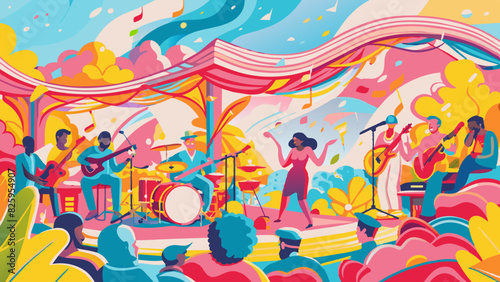 Vibrant Outdoor Music Festival with Jazz Band and Dancing Crowd
