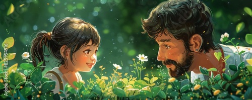 Little girl and her father are looking at the flowers in the meadow