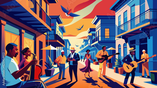 Vibrant Street Music Scene with Dancing and Musicians at Sunset