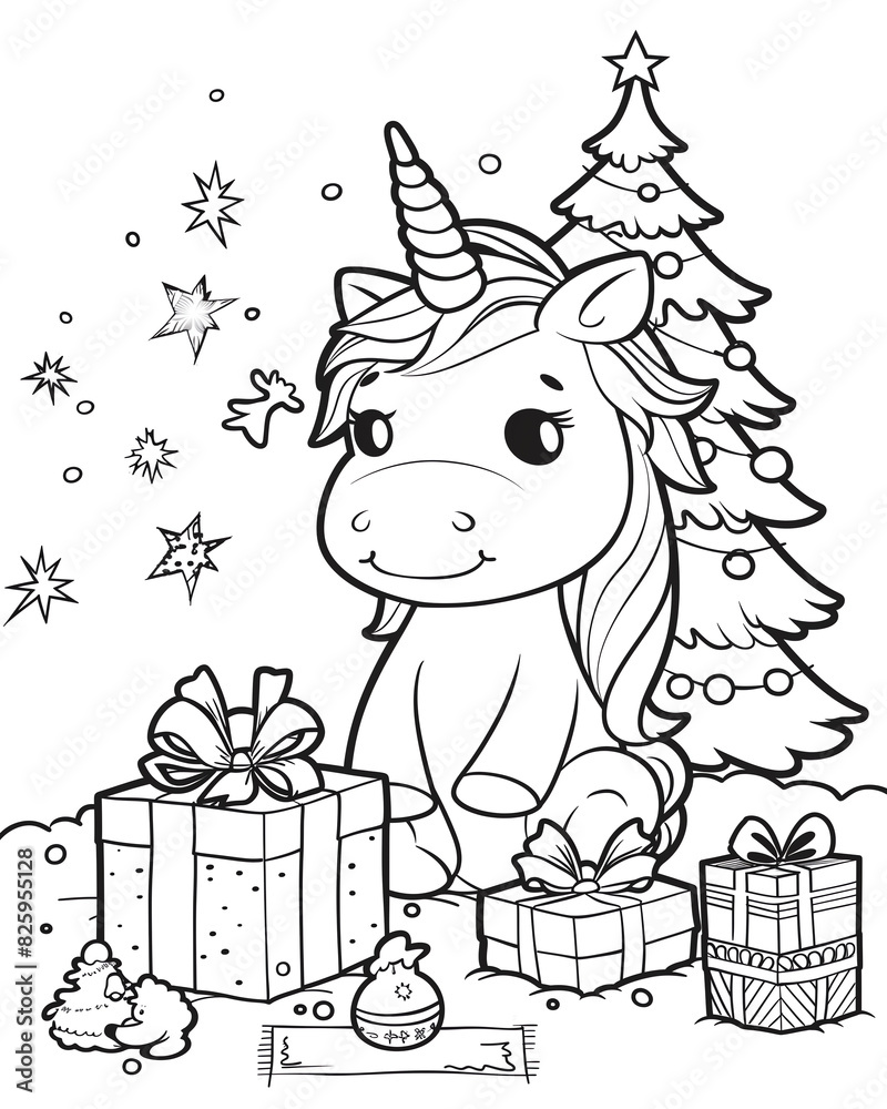 Cute and cheerful unicorn under Christmas tree with gifts. Coloring book page.
