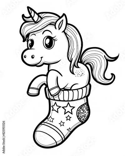 Cute and cheerful unicorn in Christmas sock. Coloring book page.