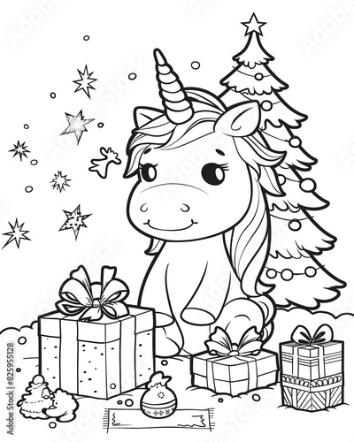 Cute and cheerful unicorn under Christmas tree with gifts. Coloring book page.