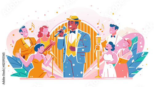 Vintage Jazz Band Performance with Elegant Audience in Retro Style Illustration