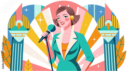 Confident Female Speaker at Modern Art Deco Event