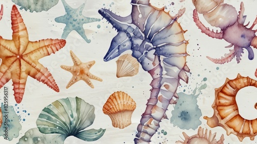 seahorse crabs background hand drawing shells watercolor isolated starfish pearl crab shell sea seashell beach collection white nature marin mollusc set ocean animal group star snail summer clam