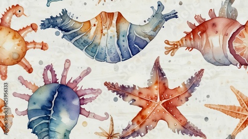 seahorse crabs background hand drawing shells watercolor isolated starfish pearl crab shell sea seashell beach collection white nature marin mollusc set ocean animal group star snail summer clam
