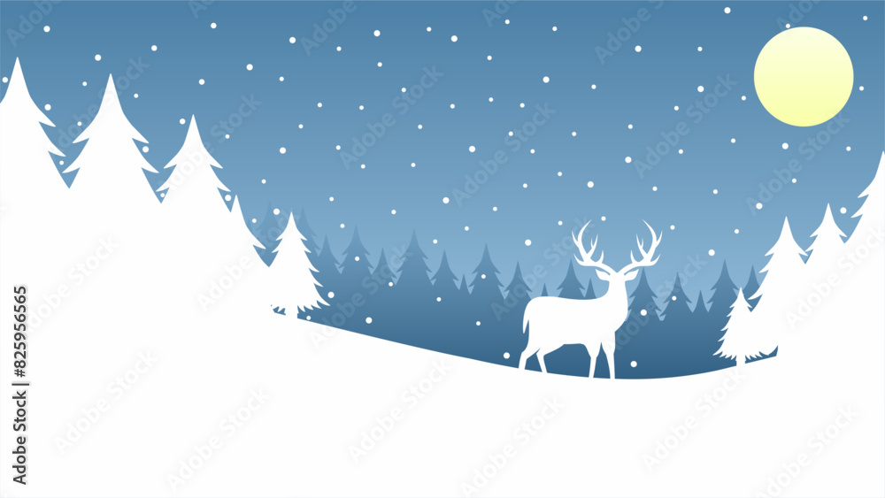 Landscape illustration of reindeer at hill in winter season