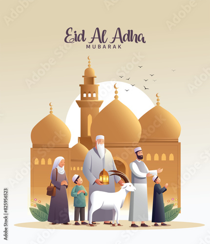 Eid al adha Mubarak greetings group of family people Celebrating. abstract vector illustration design