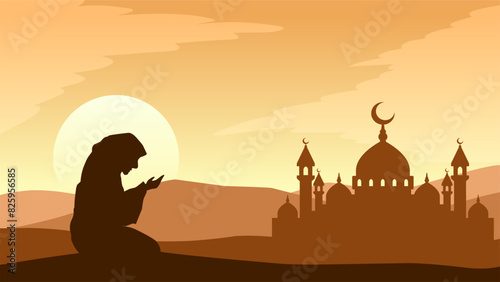 Landscape illustration of muslim praying with mosque silhouette