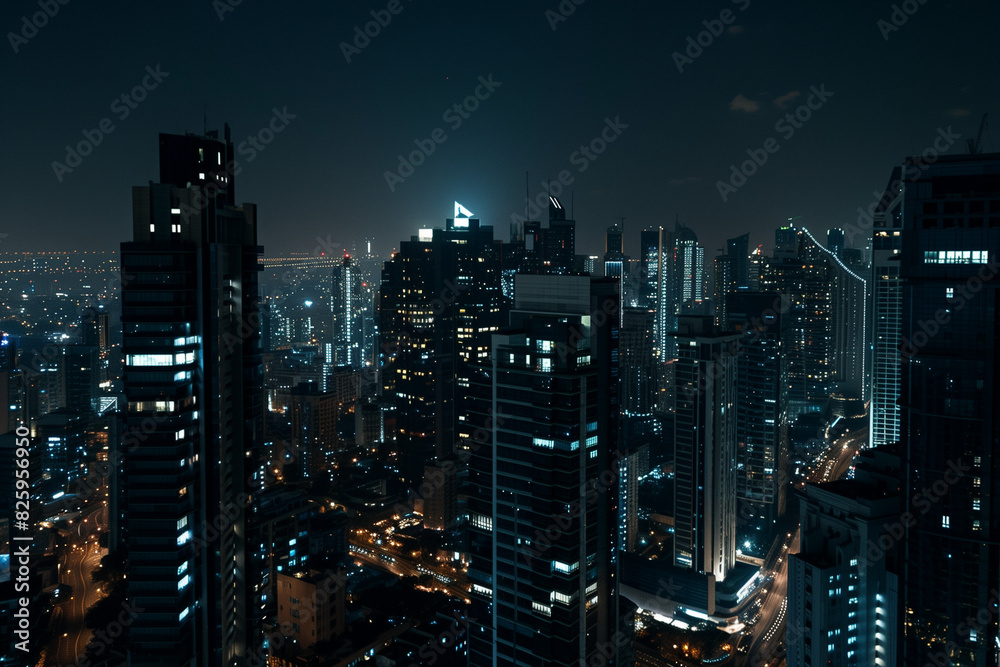 Fototapeta premium City Skyline at Night: Aerial View of Illuminated Skyscrapers
