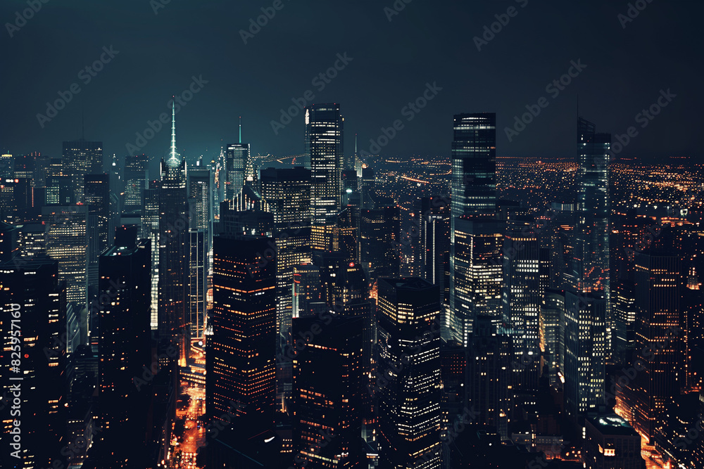 Fototapeta premium City Skyline at Night: Aerial View of Illuminated Skyscrapers