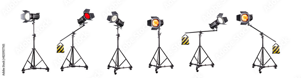 Obraz premium Photography studio flash on a lighting stand isolated on white background.