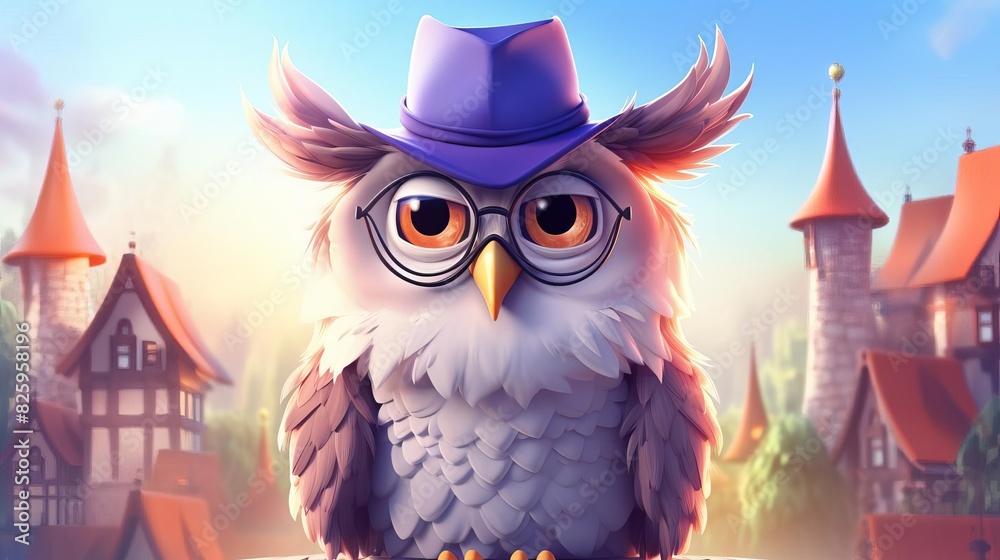 Academic owl with glasses cartoon flat design top view research theme animation colored pastel