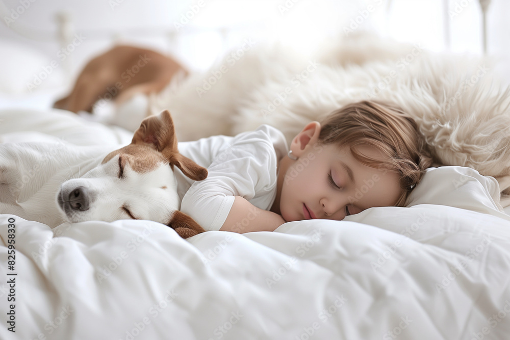 A child is sleeping with a small dog on a bed. Concept of warmth and comfort, as the child A child is sleeping with a small dog on a bed. Concept of warmth and comfort, as the child