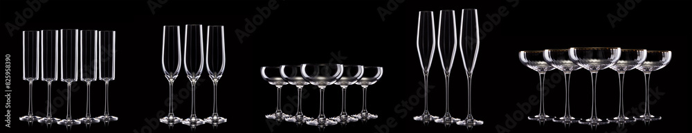 Set of different empty glasses for drinks and cocktails on black background
