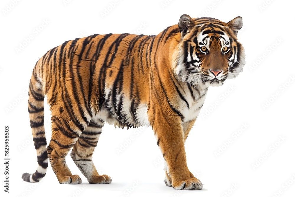 Majestic Bengal Tiger Prowling on White Background Majestic Bengal Tiger Prowling on White Background